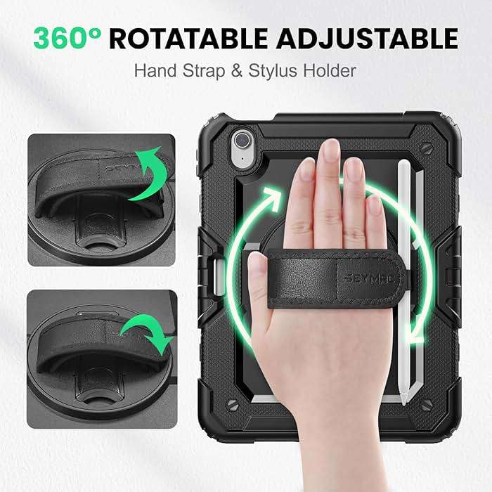 SEYMAC Case for iPad Air 11 Inch M4 / M3 / M2 (2026/2025 / 2024), Heavy Duty Shockproof Protective Case with Screen Protector, 360° Rotating Stand and Hand/Shoulder Strap, Black - Image 3