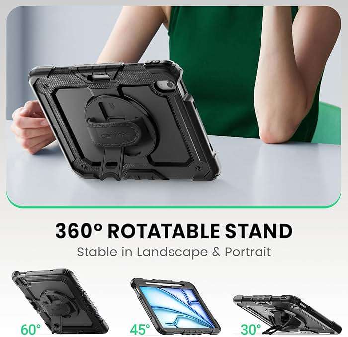 SEYMAC Case for iPad Air 11 Inch M4 / M3 / M2 (2026/2025 / 2024), Heavy Duty Shockproof Protective Case with Screen Protector, 360° Rotating Stand and Hand/Shoulder Strap, Black - Image 4