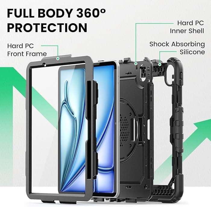 SEYMAC Case for iPad Air 11 Inch M4 / M3 / M2 (2026/2025 / 2024), Heavy Duty Shockproof Protective Case with Screen Protector, 360° Rotating Stand and Hand/Shoulder Strap, Black - Image 5