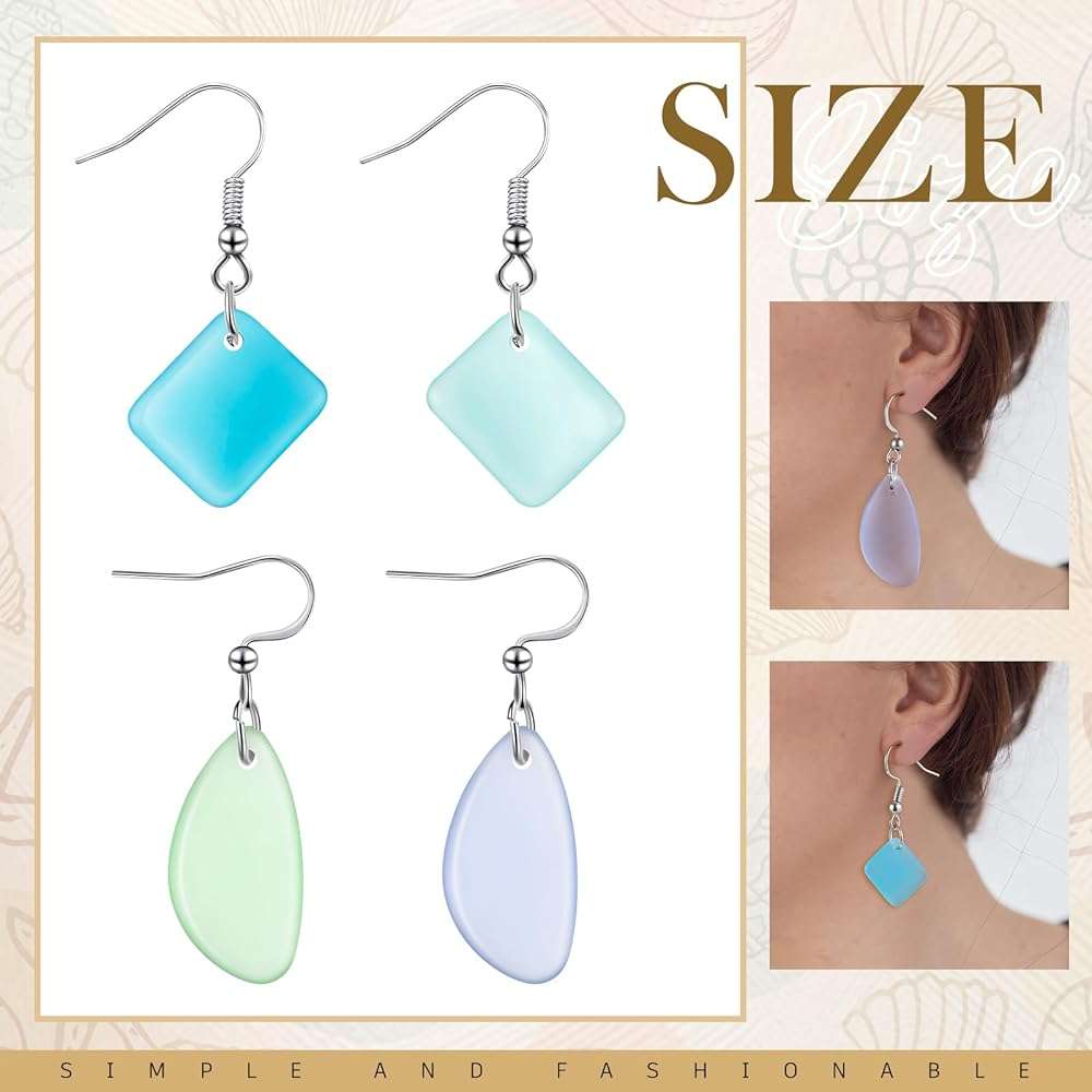 Kigeli 4 Pairs Sea Glass Earrings Recycled Sustainable Include 2 Charming Drop Earrings 2 Square Handmade Earrings for Women Ocean Beach Jewelry Christmas Gift Teacher Coworker Birthday Thanksgiving - Image 2