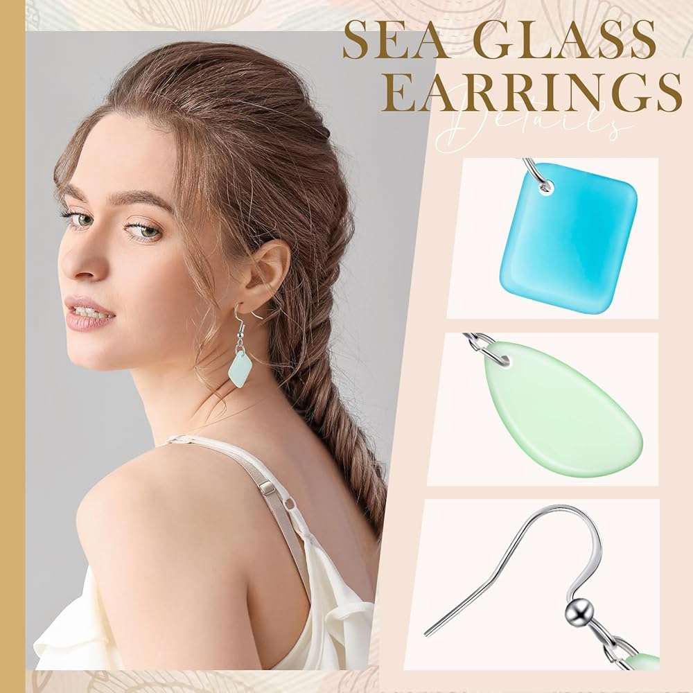 Kigeli 4 Pairs Sea Glass Earrings Recycled Sustainable Include 2 Charming Drop Earrings 2 Square Handmade Earrings for Women Ocean Beach Jewelry Christmas Gift Teacher Coworker Birthday Thanksgiving - Image 3