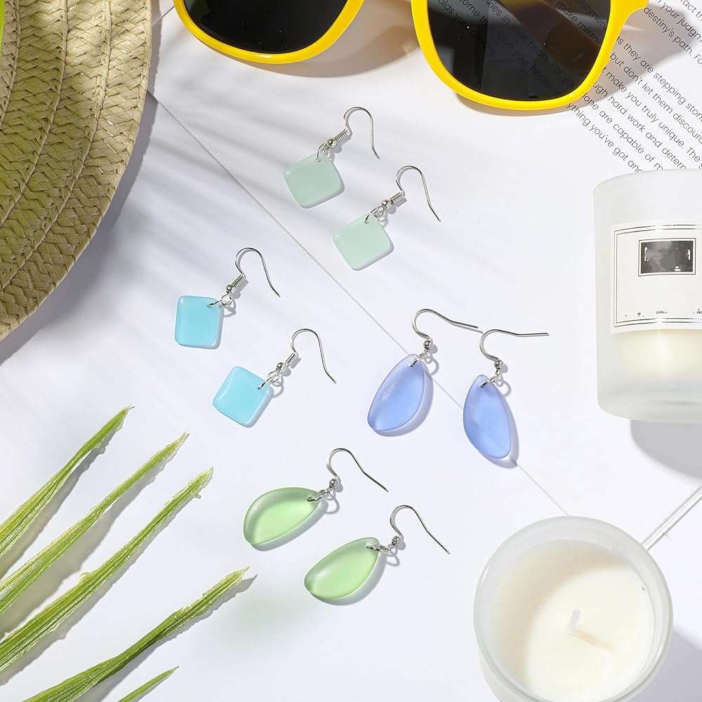 Kigeli 4 Pairs Sea Glass Earrings Recycled Sustainable Include 2 Charming Drop Earrings 2 Square Handmade Earrings for Women Ocean Beach Jewelry Christmas Gift Teacher Coworker Birthday Thanksgiving - Image 7