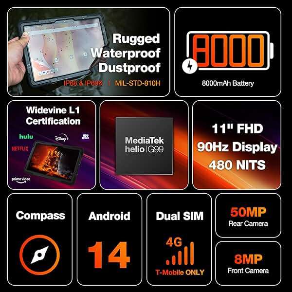 AGM PAD P2 Active Rugged Android 14 Tablet with Case, Waterproof & Drop-Proof, Widevine L1 & GMS Certified, 11" 90Hz FHD 480 NITS Display, MTK G99, 8000 mAh, 16(8+8) + 256GB[TF 2TB], GPS, Compass, OTG - Image 3