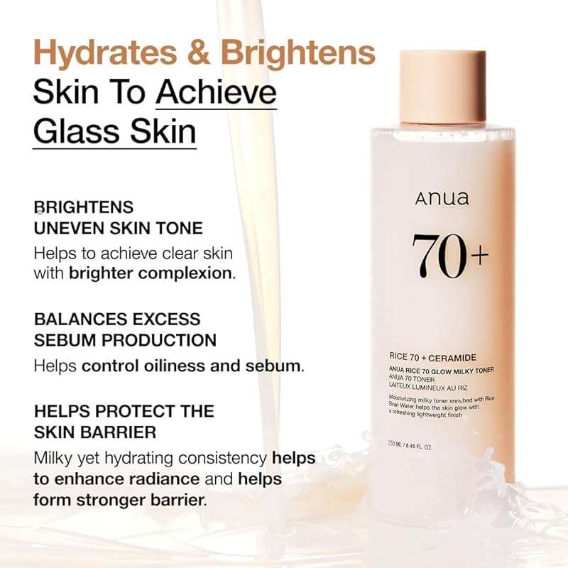 Anua Rice 70 Glow Milky Toner, Glass & Dewy Skin, Hydrating & Barrier Care, Rice Water, Niacinamide, Ceramides, All Skin Types, Fragrance-Free, Non Comedogenic, Korean Skincare, 8.45 fl.oz. - Image 4