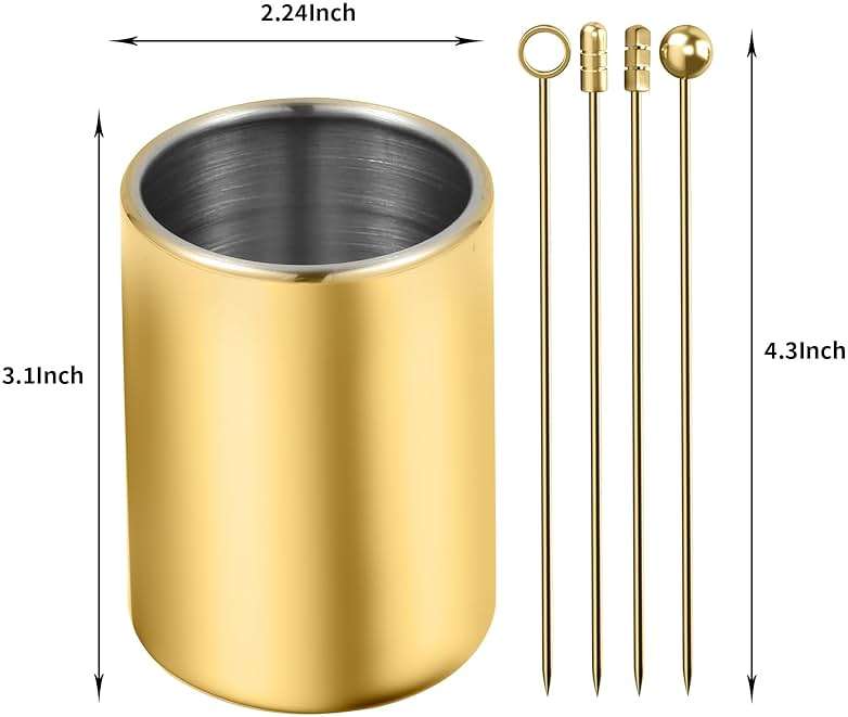 Metal Cocktail Picks 12Pack+Holder Kit, 304 Stainless Steel Toothpicks, Reusable Cocktail Skewers, Garnish Picks Bloody Mary Skewers, Martini Picks for Olives Appetizers Fruit (Mix Gold) - Image 3