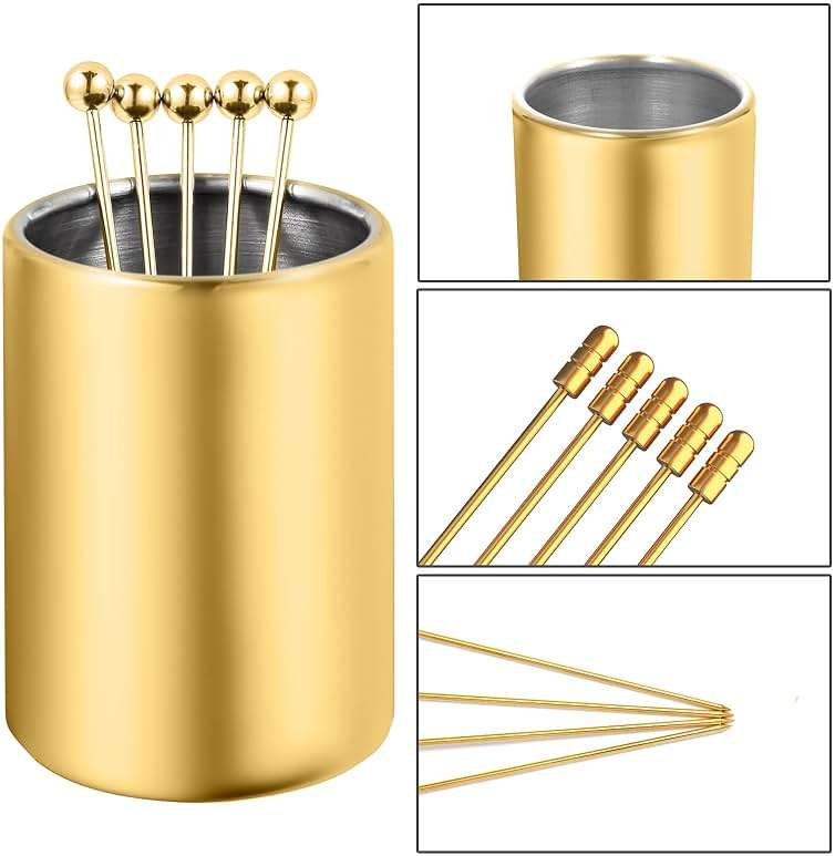 Metal Cocktail Picks 12Pack+Holder Kit, 304 Stainless Steel Toothpicks, Reusable Cocktail Skewers, Garnish Picks Bloody Mary Skewers, Martini Picks for Olives Appetizers Fruit (Mix Gold) - Image 4