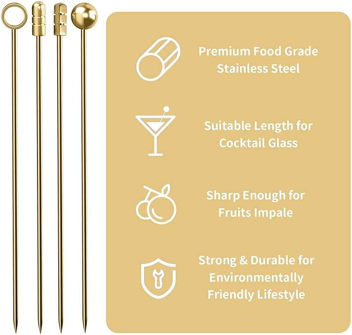 Metal Cocktail Picks 12Pack+Holder Kit, 304 Stainless Steel Toothpicks, Reusable Cocktail Skewers, Garnish Picks Bloody Mary Skewers, Martini Picks for Olives Appetizers Fruit (Mix Gold) - Image 6