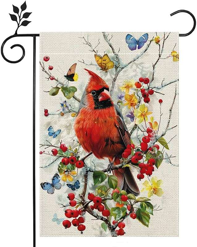 Spring Summer Cardinal Bird Butterfly Floral Garden Flag 12x18 Inch Double Sided, Welcome Yard Decor, Farmhouse Outdoor Flag for Lawn Patio Porch - Image 1