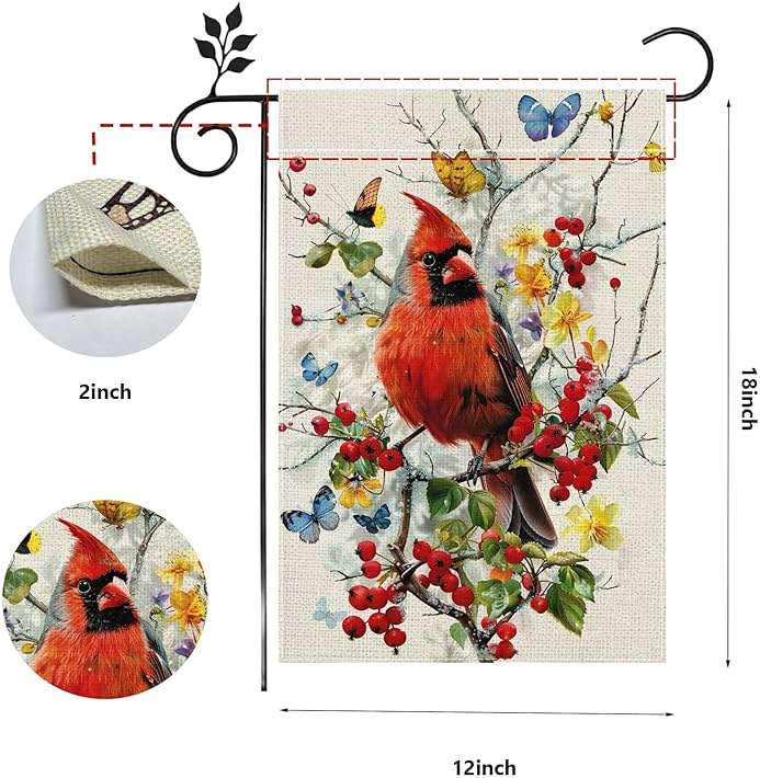 Spring Summer Cardinal Bird Butterfly Floral Garden Flag 12x18 Inch Double Sided, Welcome Yard Decor, Farmhouse Outdoor Flag for Lawn Patio Porch - Image 3