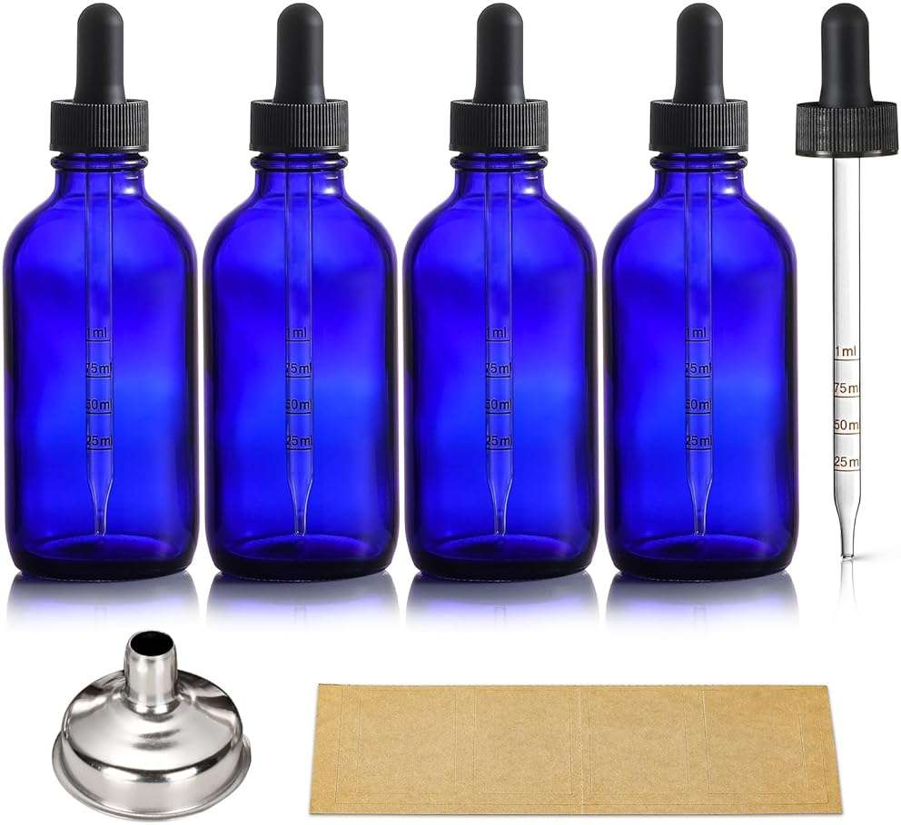 4 Pack 4oz Glass Dropper Bottles with Measured Dropper - 120ml Dark Blue Tincture Bottles with Calibrated Glass Eye Droppers (1ml), Leakproof Essential Oils Bottles for Health, Personal Care & Beauty - Image 1
