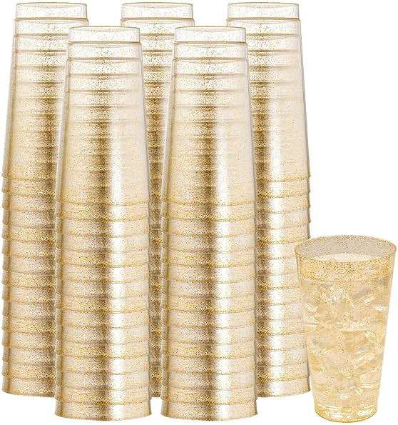 I00000 16 oz Gold Plastic Cups, 100 Pack Gold Glitter Plastic Cups Tumblers Disposable Party Cups Wedding Cups, Heavy-duty Plastic Disposable Cups Ideal for Wedding & Party - Image 1