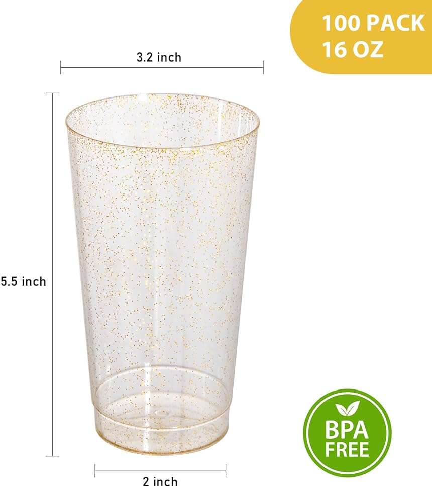I00000 16 oz Gold Plastic Cups, 100 Pack Gold Glitter Plastic Cups Tumblers Disposable Party Cups Wedding Cups, Heavy-duty Plastic Disposable Cups Ideal for Wedding & Party - Image 3