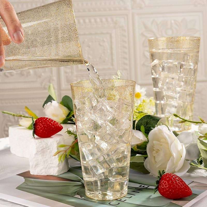 I00000 16 oz Gold Plastic Cups, 100 Pack Gold Glitter Plastic Cups Tumblers Disposable Party Cups Wedding Cups, Heavy-duty Plastic Disposable Cups Ideal for Wedding & Party - Image 4