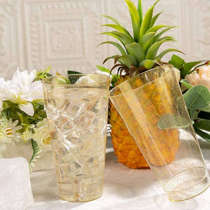 I00000 16 oz Gold Plastic Cups, 100 Pack Gold Glitter Plastic Cups Tumblers Disposable Party Cups Wedding Cups, Heavy-duty Plastic Disposable Cups Ideal for Wedding & Party - Image 6