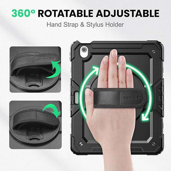 SEYMAC for iPad Air 13 Inch Case M4 / M3 / M2 (2026/2025 / 2024), Heavy Duty Shockproof Protective Case with Screen Protector, 360° Rotating Stand, Hand/Shoulder Strap and Pen Holder, Black - Image 3