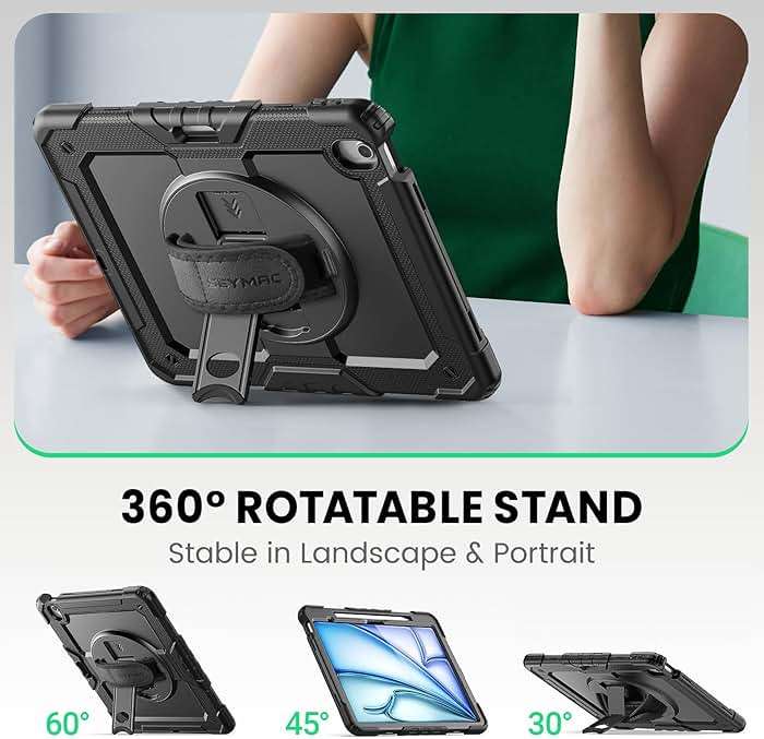 SEYMAC for iPad Air 13 Inch Case M4 / M3 / M2 (2026/2025 / 2024), Heavy Duty Shockproof Protective Case with Screen Protector, 360° Rotating Stand, Hand/Shoulder Strap and Pen Holder, Black - Image 4