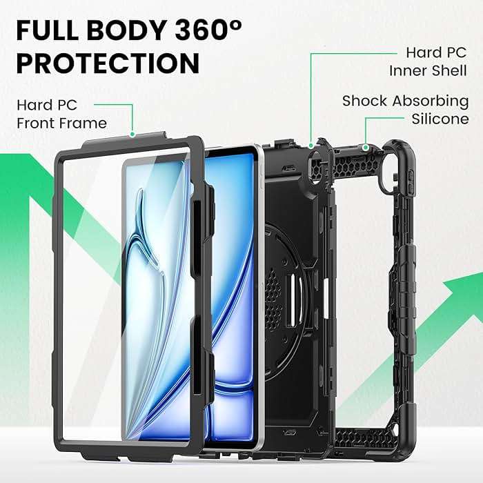 SEYMAC for iPad Air 13 Inch Case M4 / M3 / M2 (2026/2025 / 2024), Heavy Duty Shockproof Protective Case with Screen Protector, 360° Rotating Stand, Hand/Shoulder Strap and Pen Holder, Black - Image 5