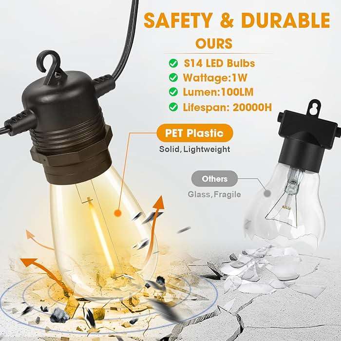 GvvooHome 50FT LED Outdoor String Lights with 16 Shatterproof Waterproof Replaceable Bulbs(1 Spare), 2700K Commercial Grade Patio Lights, Outside Hanging Light for Yard Garden Porch Deck Decor - Image 2