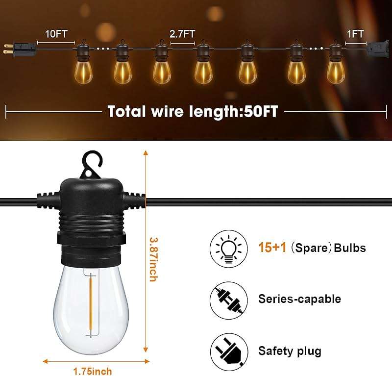 GvvooHome 50FT LED Outdoor String Lights with 16 Shatterproof Waterproof Replaceable Bulbs(1 Spare), 2700K Commercial Grade Patio Lights, Outside Hanging Light for Yard Garden Porch Deck Decor - Image 7