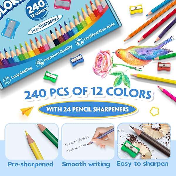240 Count Colored Pencils Bulk for Classroom, Color Pencils for Kids in 12 Vibrant Colors, Pre-sharpened Coloring Pencils Set Plus 24 Sharpeners, Bulk Pack Colored Pencils for Back to School Supplies - Image 4