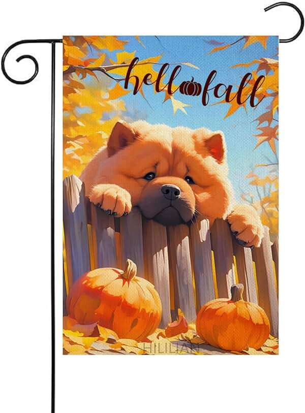 HILILIAN Chow-Chow-Dog Hello Fall Garden Flag 12x18 Double Sided, Burlap Small Pumpkin Fence Garden Yard House Flags Outside Outdoor Autumn Porch Lawn Decoration(6590) - Image 1