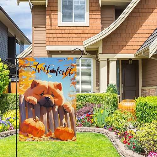 HILILIAN Chow-Chow-Dog Hello Fall Garden Flag 12x18 Double Sided, Burlap Small Pumpkin Fence Garden Yard House Flags Outside Outdoor Autumn Porch Lawn Decoration(6590) - Image 2