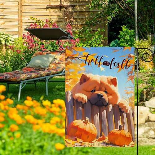 HILILIAN Chow-Chow-Dog Hello Fall Garden Flag 12x18 Double Sided, Burlap Small Pumpkin Fence Garden Yard House Flags Outside Outdoor Autumn Porch Lawn Decoration(6590) - Image 4