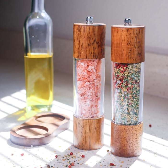 Wooden Salt and Pepper Grinder Set | 8-Inch Manual Acrylic Mills with Adjustable Ceramic Grinding Mechanism | Includes 2 Grinders + Wood Base | Premium Salt and Pepper Grinders by BING-US - Image 2