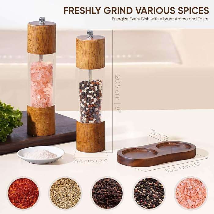 Wooden Salt and Pepper Grinder Set | 8-Inch Manual Acrylic Mills with Adjustable Ceramic Grinding Mechanism | Includes 2 Grinders + Wood Base | Premium Salt and Pepper Grinders by BING-US - Image 3