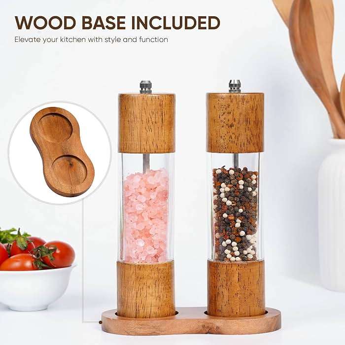 Wooden Salt and Pepper Grinder Set | 8-Inch Manual Acrylic Mills with Adjustable Ceramic Grinding Mechanism | Includes 2 Grinders + Wood Base | Premium Salt and Pepper Grinders by BING-US - Image 4