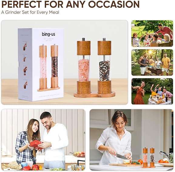 Wooden Salt and Pepper Grinder Set | 8-Inch Manual Acrylic Mills with Adjustable Ceramic Grinding Mechanism | Includes 2 Grinders + Wood Base | Premium Salt and Pepper Grinders by BING-US - Image 5