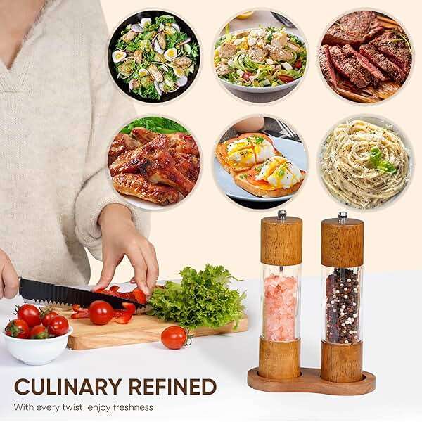 Wooden Salt and Pepper Grinder Set | 8-Inch Manual Acrylic Mills with Adjustable Ceramic Grinding Mechanism | Includes 2 Grinders + Wood Base | Premium Salt and Pepper Grinders by BING-US - Image 6