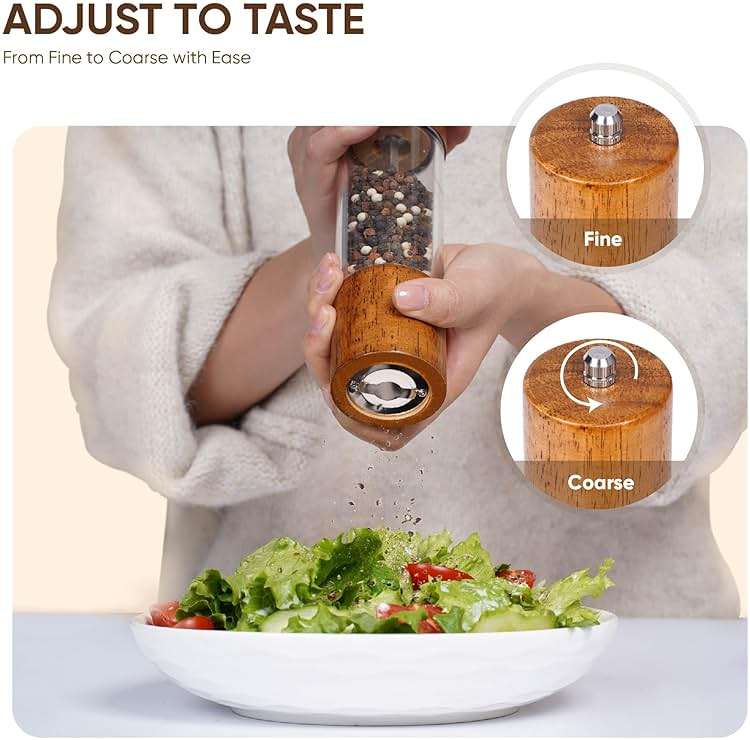 Wooden Salt and Pepper Grinder Set | 8-Inch Manual Acrylic Mills with Adjustable Ceramic Grinding Mechanism | Includes 2 Grinders + Wood Base | Premium Salt and Pepper Grinders by BING-US - Image 7