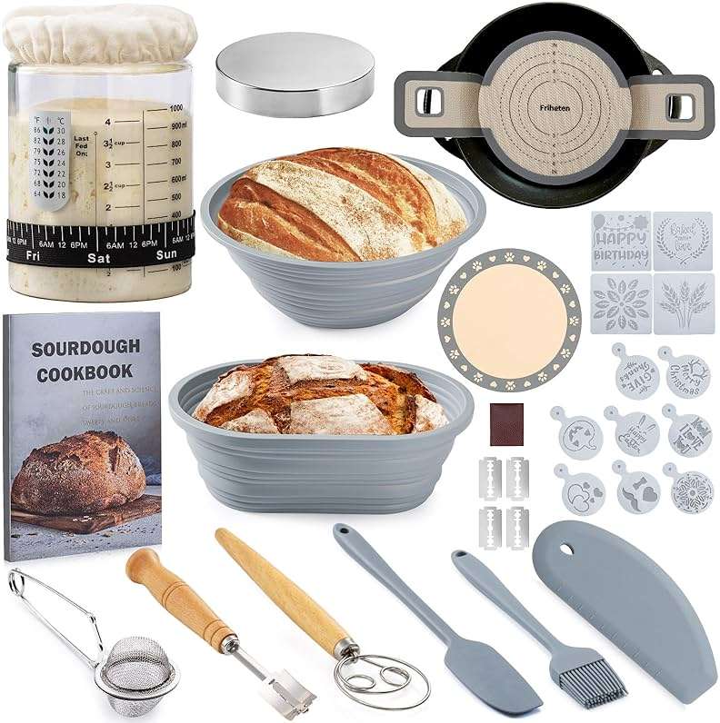Sourdough Starter Kit, Sourdough Bread Baking Supplies, 40oz Sourdough Starter Jar, Silicone Banneton Bread Proofing Basket Set with 9" Round & 10" Oval,Artisan Bread Baking Tools,Silicone Bread Sling - Image 1