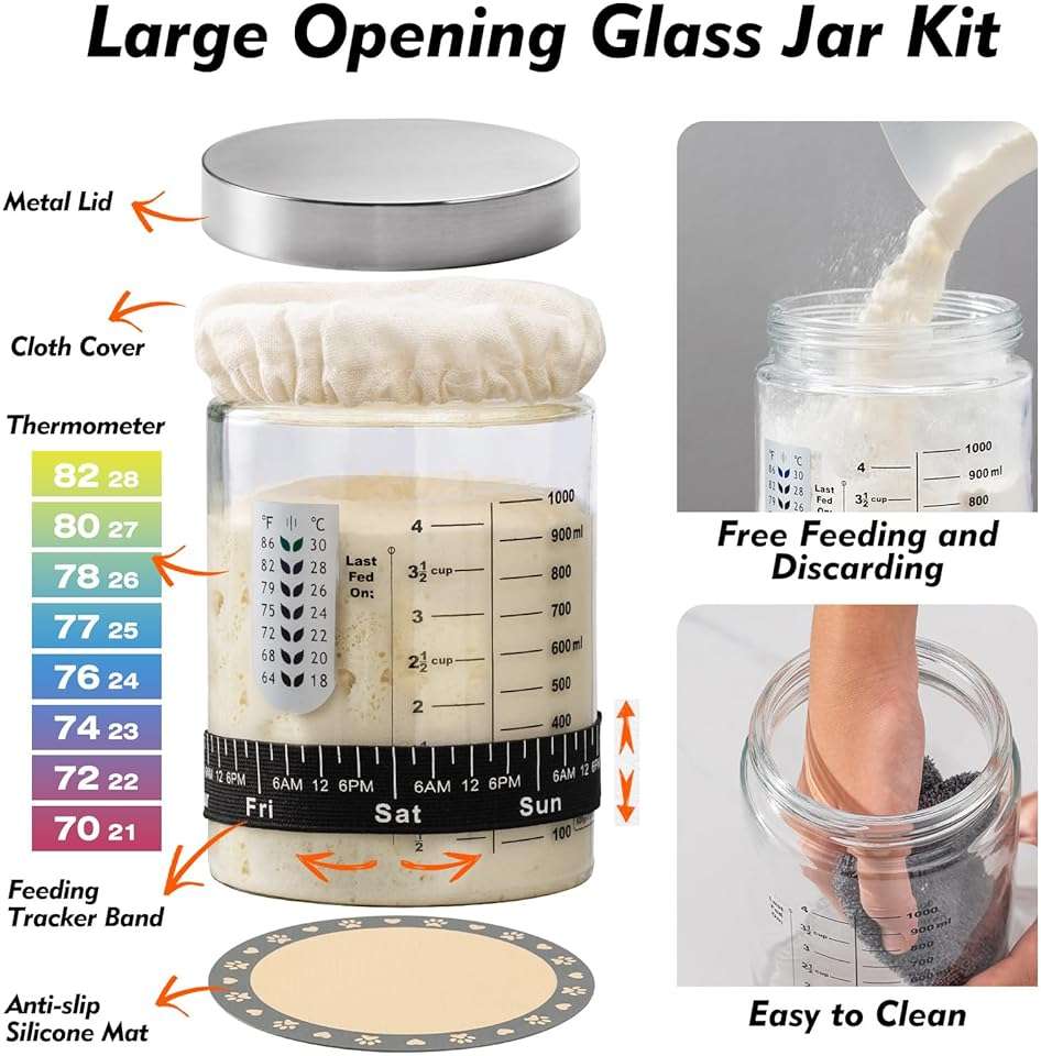 Sourdough Starter Kit, Sourdough Bread Baking Supplies, 40oz Sourdough Starter Jar, Silicone Banneton Bread Proofing Basket Set with 9" Round & 10" Oval,Artisan Bread Baking Tools,Silicone Bread Sling - Image 3