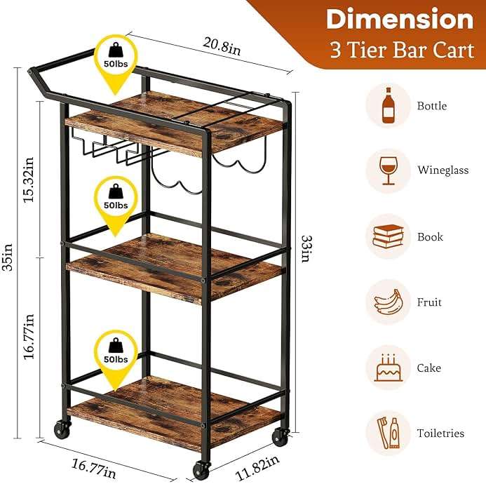 LOTEYIKE 3 Tier Bar Cart, Mini Liquor Utility Cart for Wine Beverage Dinner Party, Rolling Wine Coffee Drink Serving Cart with Lockable Wheels for Home Kitchen Bars (Rustic Brown) - Image 3
