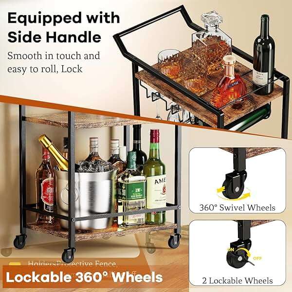 LOTEYIKE 3 Tier Bar Cart, Mini Liquor Utility Cart for Wine Beverage Dinner Party, Rolling Wine Coffee Drink Serving Cart with Lockable Wheels for Home Kitchen Bars (Rustic Brown) - Image 4