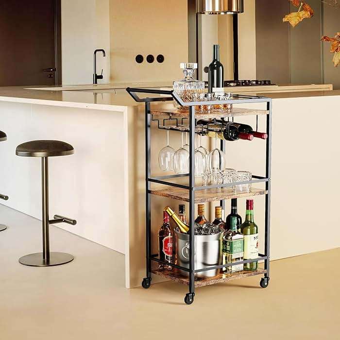 LOTEYIKE 3 Tier Bar Cart, Mini Liquor Utility Cart for Wine Beverage Dinner Party, Rolling Wine Coffee Drink Serving Cart with Lockable Wheels for Home Kitchen Bars (Rustic Brown) - Image 5
