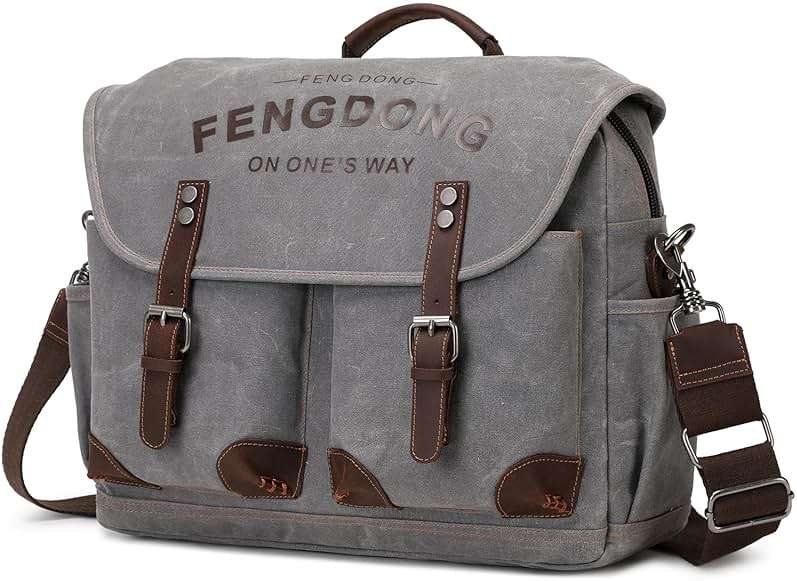 FENGDONG Mens Messenger Bag 15.6 Inch Vintage Waxed Canvas Genuine Leather Briefcase Leather Computer Laptop Bag Rugged Satchel Shoulder Bag Gray - Image 1