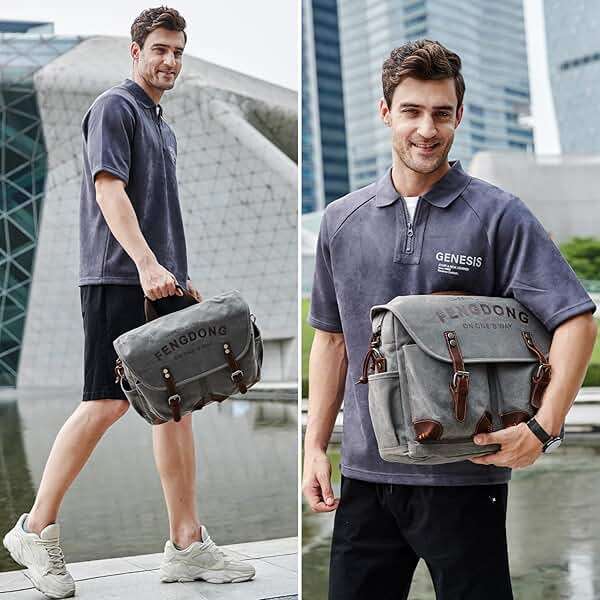FENGDONG Mens Messenger Bag 15.6 Inch Vintage Waxed Canvas Genuine Leather Briefcase Leather Computer Laptop Bag Rugged Satchel Shoulder Bag Gray - Image 2