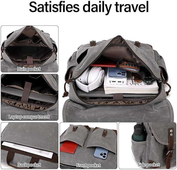 FENGDONG Mens Messenger Bag 15.6 Inch Vintage Waxed Canvas Genuine Leather Briefcase Leather Computer Laptop Bag Rugged Satchel Shoulder Bag Gray - Image 3