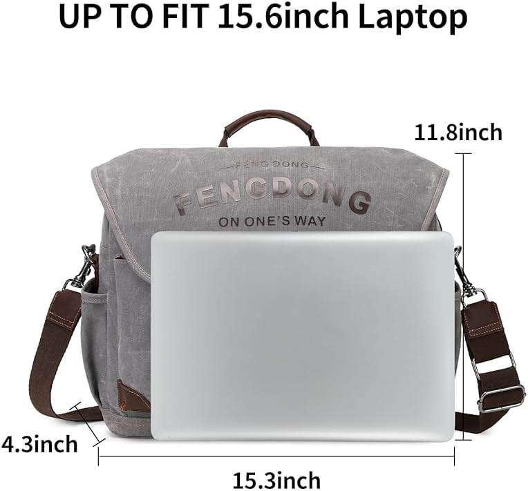 FENGDONG Mens Messenger Bag 15.6 Inch Vintage Waxed Canvas Genuine Leather Briefcase Leather Computer Laptop Bag Rugged Satchel Shoulder Bag Gray - Image 4
