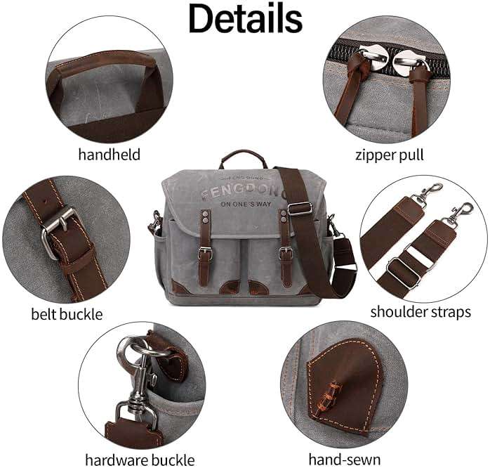 FENGDONG Mens Messenger Bag 15.6 Inch Vintage Waxed Canvas Genuine Leather Briefcase Leather Computer Laptop Bag Rugged Satchel Shoulder Bag Gray - Image 5