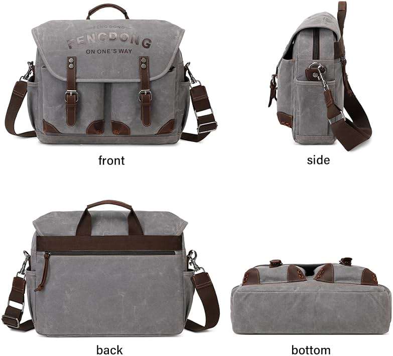 FENGDONG Mens Messenger Bag 15.6 Inch Vintage Waxed Canvas Genuine Leather Briefcase Leather Computer Laptop Bag Rugged Satchel Shoulder Bag Gray - Image 6