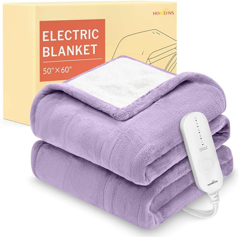 HOMLYNS LuxeHeat Heated Blanket Electric Blanket, Soft Flannel Sherpa Heated Throw, Heating Blanket with 5 Heat Settings, 3 hrs Timer Auto Shut Off (50x60 inches, Purple), Only for 120V Voltage Use - Image 1