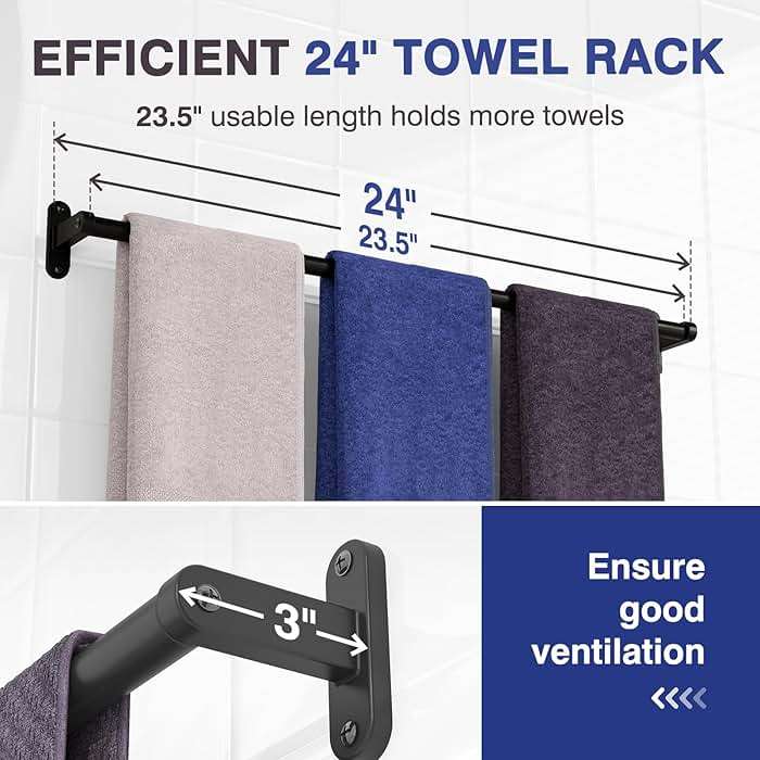 Powools Matte Black Towel Rack for Bathroom - 24" Rustproof Towel Holder, Sturdy Towel Bar Wall Mounted, Space-Saving Towel Hanger, Bathroom Accessories, Home Decor, Apparment Essentials - Image 4