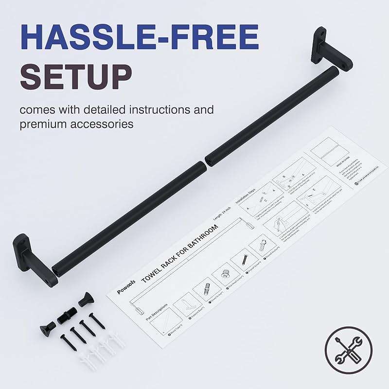 Powools Matte Black Towel Rack for Bathroom - 24" Rustproof Towel Holder, Sturdy Towel Bar Wall Mounted, Space-Saving Towel Hanger, Bathroom Accessories, Home Decor, Apparment Essentials - Image 8