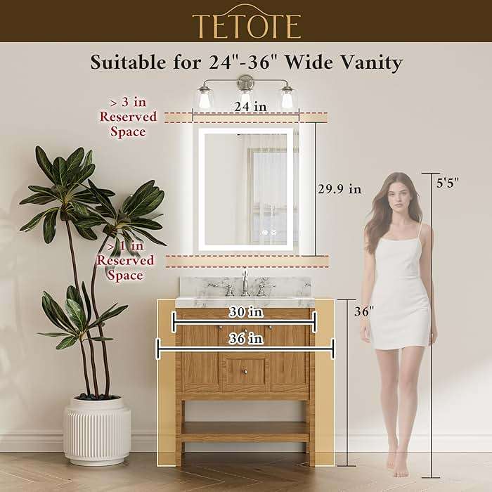 TETOTE LED Bathroom Mirror 24 x 30 Inch Lighted Bathroom Vanity Mirror with Lights, Brighter Frontlit and Backlit Light up Anti Fog Mirror, 3-Color Dimmable, Shatterproof Tempered Glass, Waterproof - Image 2