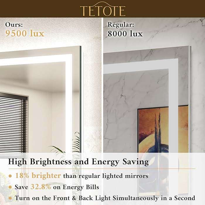 TETOTE LED Bathroom Mirror 24 x 30 Inch Lighted Bathroom Vanity Mirror with Lights, Brighter Frontlit and Backlit Light up Anti Fog Mirror, 3-Color Dimmable, Shatterproof Tempered Glass, Waterproof - Image 3