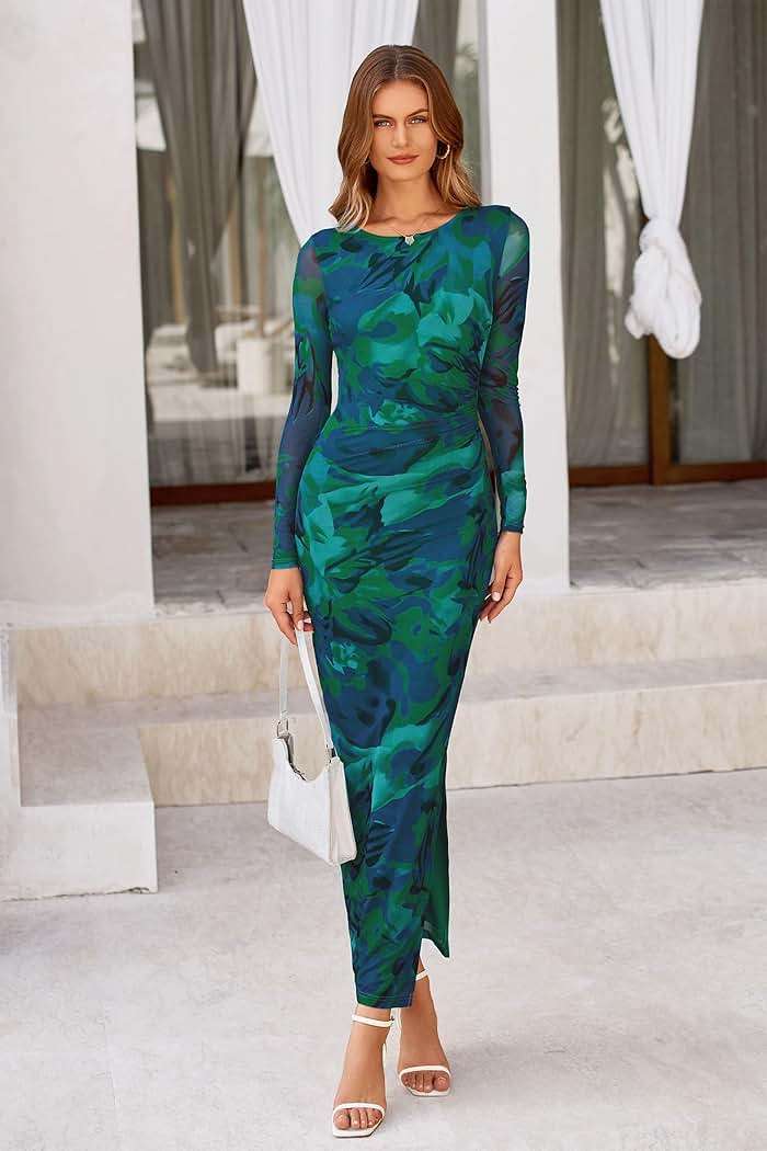 PRETTYGARDEN Women's Bodycon Maxi Dress Fall Spring Fashion Long Sleeve Floral Print Tight Fitted Party Club Ruched Dresses - Image 7